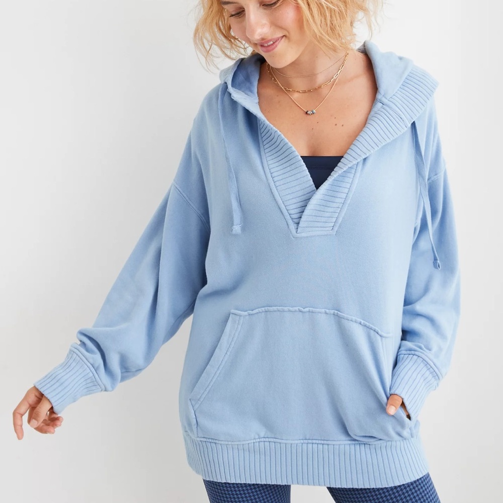 Aerie Down To Earth Henley Hoodie Soft Blue